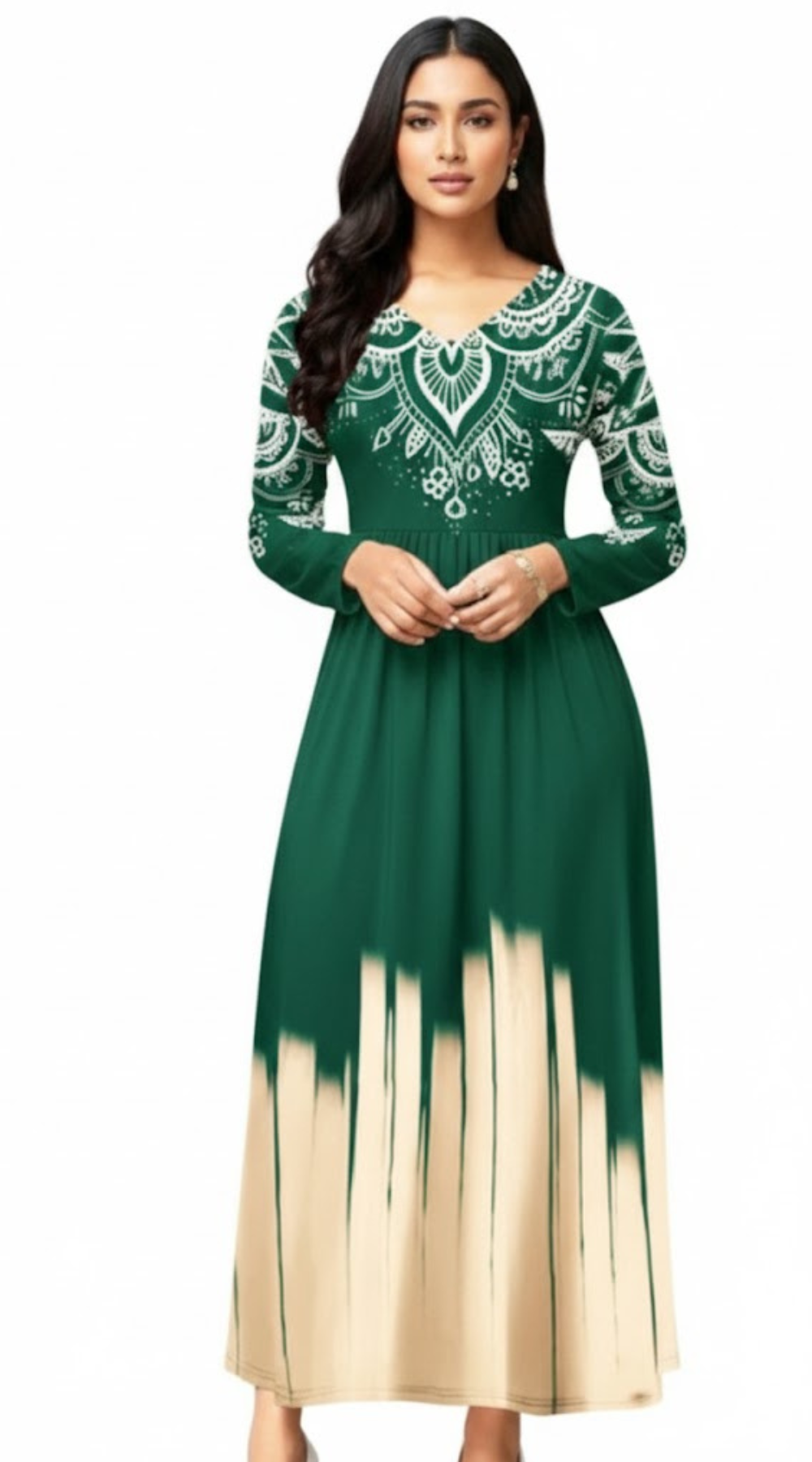 Elegant Green & Beige Long Maxi Dress For Women